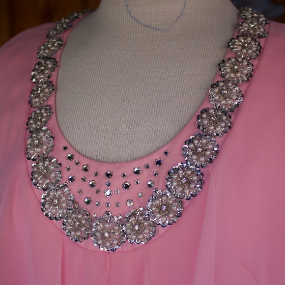 Vintage 1970's Mike Benet Formals Bubblegum Pink Chiffon Maxi Caplet Jewel Dress - Picture 4 of 17